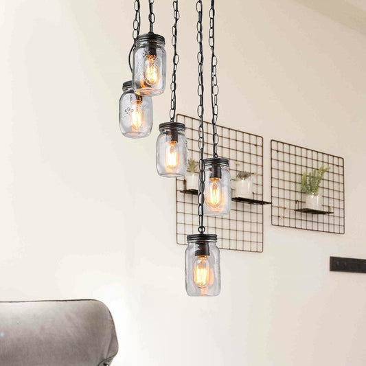 Black 5-Light Cluster Pendant Modern Clear Glass Jar Shade Hanging Light Fixture with Cord/Chain and Round Canopy Clearhalo 'Ceiling Lights' 'Close To Ceiling Lights' 'Glass shade' 'Glass' 'Pendant Lights' 'Pendants' Lighting' 456569