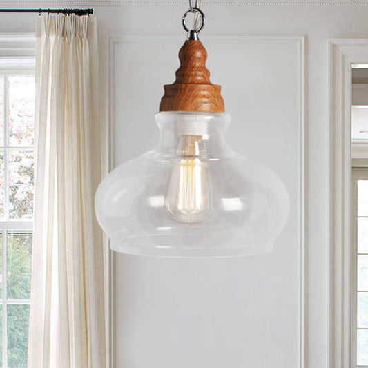 Wood 1 Light Hanging Ceiling Light Vintage Clear Glass Oval Shaped Pendants Lighting for Dining Room Clearhalo 'Ceiling Lights' 'Chandeliers' 'Glass shade' 'Glass' 'Industrial Pendants' 'Industrial' 'Middle Century Pendants' 'Pendant Lights' 'Pendants' 'Tiffany' Lighting' 456572
