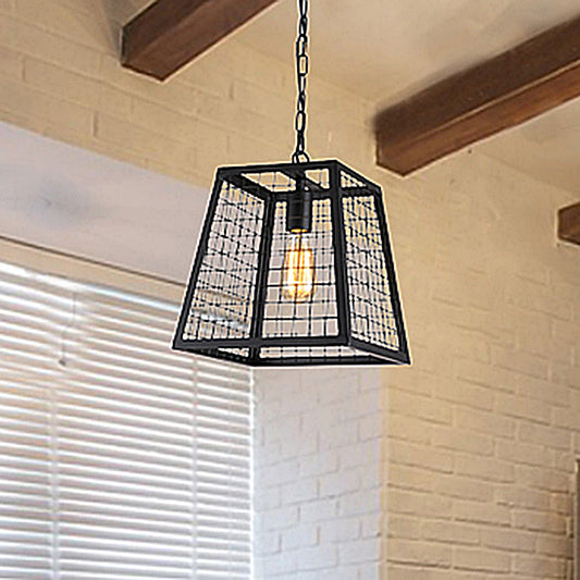 1 Bulb Ceiling Pendant Fixture Vintage Style Trapezoid Metal Hanging Light with Mesh Cage Shade in Black Clearhalo 'Art Deco Pendants' 'Black' 'Cast Iron' 'Ceiling Lights' 'Ceramic' 'Crystal' 'Industrial Pendants' 'Industrial' 'Metal' 'Middle Century Pendants' 'Pendant Lights' 'Pendants' 'Rustic Pendants' 'Tiffany' Lighting' 456578