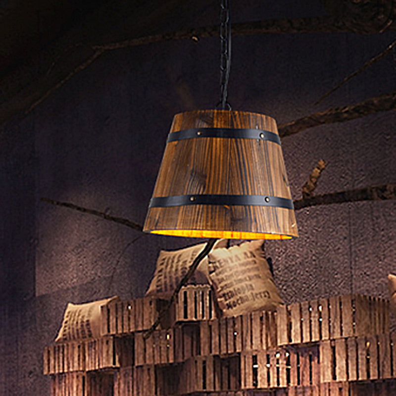 Wood Bucket Hanging Light Single Head Retro Suspension Lamp in Brown for Restaurant Clearhalo 'Ceiling Lights' 'Industrial Pendants' 'Industrial' 'Middle Century Pendants' 'Pendant Lights' 'Pendants' 'Tiffany' Lighting' 456579