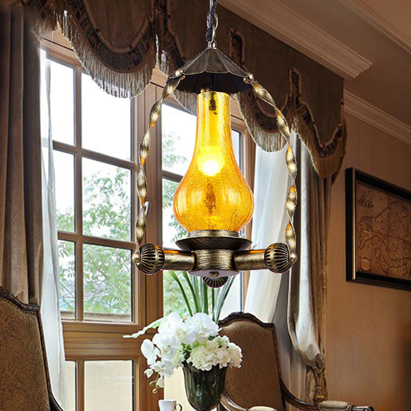 Vintage Crackle Glass Suspended Lamp 1-Light Kerosene Hanging Light in Brass for Coffee Shop Clearhalo 'Art Deco Pendants' 'Cast Iron' 'Ceiling Lights' 'Ceramic' 'Crystal' 'Industrial Pendants' 'Industrial' 'Metal' 'Middle Century Pendants' 'Pendant Lights' 'Pendants' 'Tiffany' Lighting' 456588