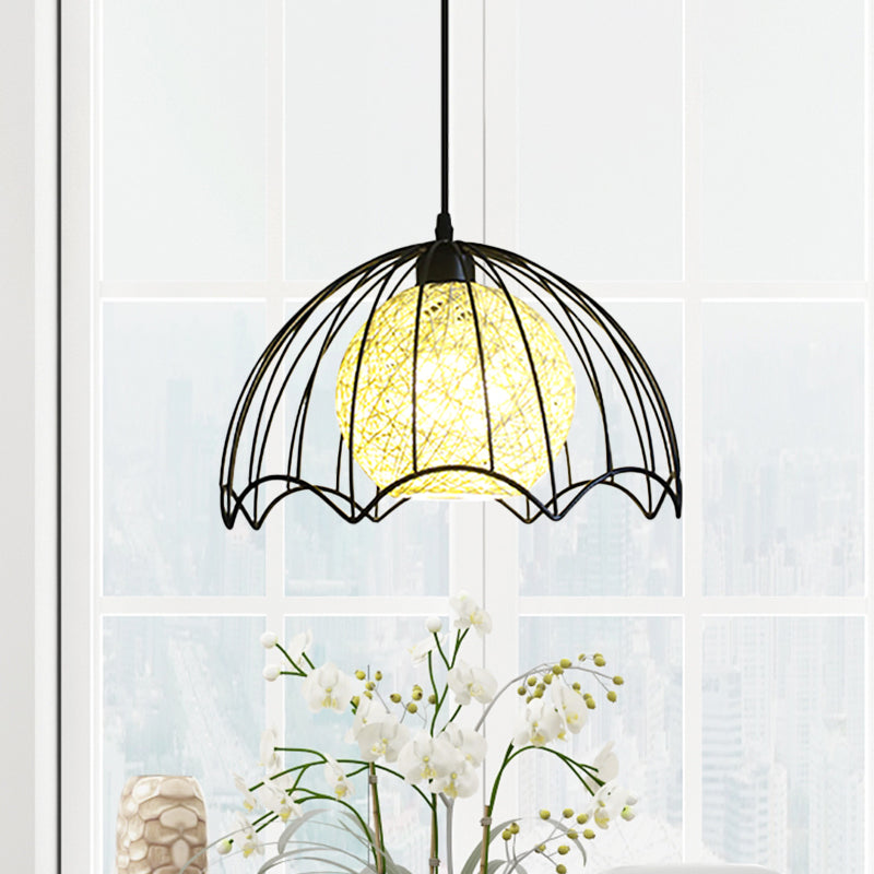 Dome Caged Metal Hanging Lamp Industrial 1 Light Dining Room Ceiling Light with Rattan Shade in Black Clearhalo 'Art Deco Pendants' 'Black' 'Cast Iron' 'Ceiling Lights' 'Ceramic' 'Crystal' 'Industrial Pendants' 'Industrial' 'Metal' 'Middle Century Pendants' 'Pendant Lights' 'Pendants' 'Rustic Pendants' 'Tiffany' Lighting' 456593