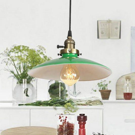 Metallic Saucer Suspended Light Vintage Style 1 Bulb Dining Table Hanging Lamp in Green Clearhalo 'Art Deco Pendants' 'Cast Iron' 'Ceiling Lights' 'Ceramic' 'Crystal' 'Industrial Pendants' 'Industrial' 'Metal' 'Middle Century Pendants' 'Pendant Lights' 'Pendants' 'Tiffany' Lighting' 456594