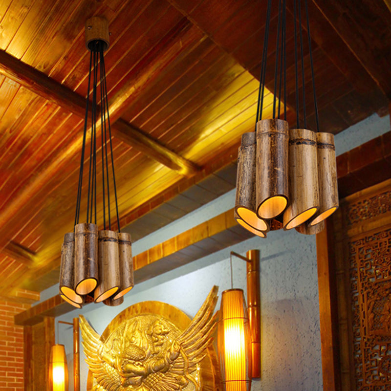 Eight-light Bamboo Hanging Lamp Antique Tube Suspension Light in Beige for Bistro Restaurant Clearhalo 'Ceiling Lights' 'Industrial Pendants' 'Industrial' 'Middle Century Pendants' 'Pendant Lights' 'Pendants' 'Tiffany' Lighting' 456595