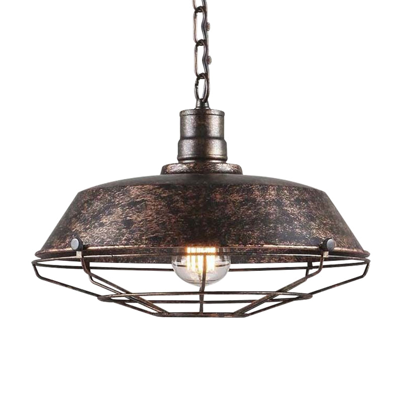 Rustic Stylish Wire Cage Pendant Light with Barn Shade 1 Light Iron Ceiling Light Fixture in Antique Brass/Rust, 10"/14"/18" Width Clearhalo 'Art Deco Pendants' 'Cast Iron' 'Ceiling Lights' 'Ceramic' 'Crystal' 'Industrial Pendants' 'Industrial' 'Metal' 'Middle Century Pendants' 'Pendant Lights' 'Pendants' 'Tiffany' Lighting' 456597