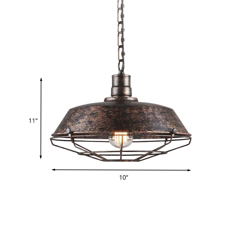 Rustic Stylish Wire Cage Pendant Light with Barn Shade 1 Light Iron Ceiling Light Fixture in Antique Brass/Rust, 10"/14"/18" Width Clearhalo 'Art Deco Pendants' 'Cast Iron' 'Ceiling Lights' 'Ceramic' 'Crystal' 'Industrial Pendants' 'Industrial' 'Metal' 'Middle Century Pendants' 'Pendant Lights' 'Pendants' 'Tiffany' Lighting' 456598