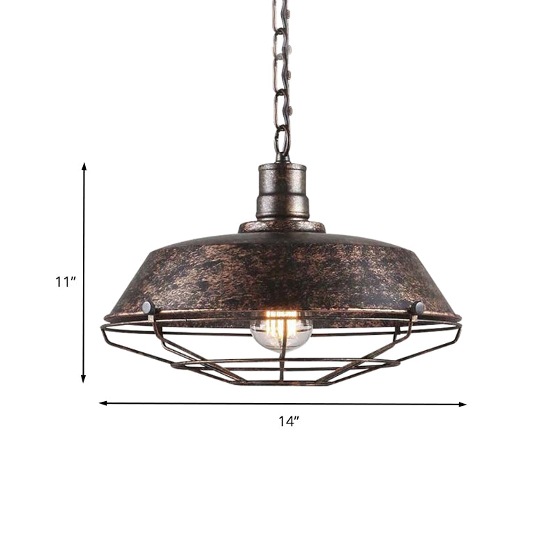 Rustic Stylish Wire Cage Pendant Light with Barn Shade 1 Light Iron Ceiling Light Fixture in Antique Brass/Rust, 10"/14"/18" Width Clearhalo 'Art Deco Pendants' 'Cast Iron' 'Ceiling Lights' 'Ceramic' 'Crystal' 'Industrial Pendants' 'Industrial' 'Metal' 'Middle Century Pendants' 'Pendant Lights' 'Pendants' 'Tiffany' Lighting' 456599