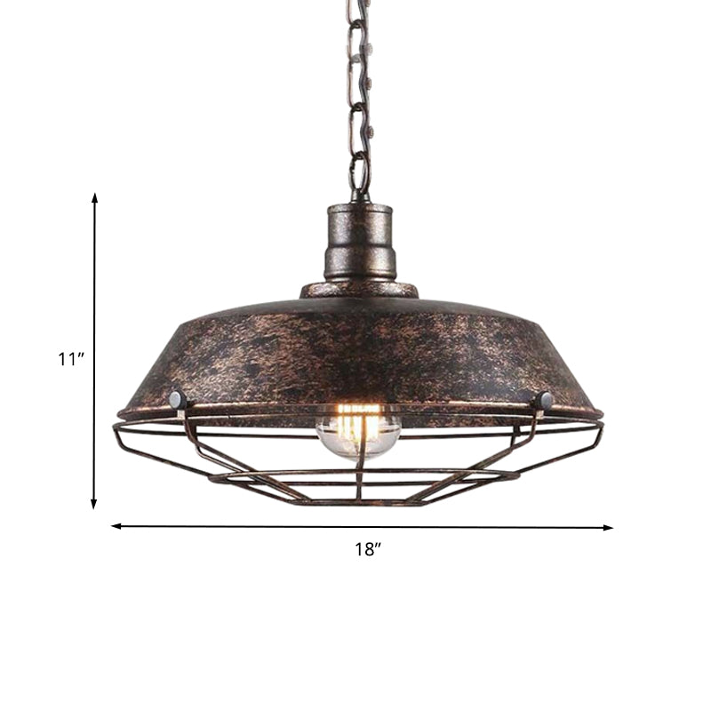 Rustic Stylish Wire Cage Pendant Light with Barn Shade 1 Light Iron Ceiling Light Fixture in Antique Brass/Rust, 10"/14"/18" Width Clearhalo 'Art Deco Pendants' 'Cast Iron' 'Ceiling Lights' 'Ceramic' 'Crystal' 'Industrial Pendants' 'Industrial' 'Metal' 'Middle Century Pendants' 'Pendant Lights' 'Pendants' 'Tiffany' Lighting' 456600