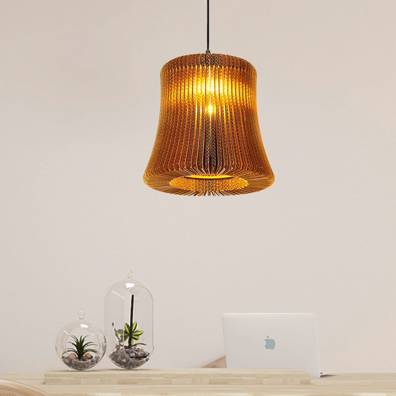 1 Bulb Ceiling Fixture with Cylinder Shade Corrugated Paper Asian Stylish Dining Room Pendant Lighting in Brown Clearhalo 'Ceiling Lights' 'Modern Pendants' 'Modern' 'Pendant Lights' 'Pendants' Lighting' 456642