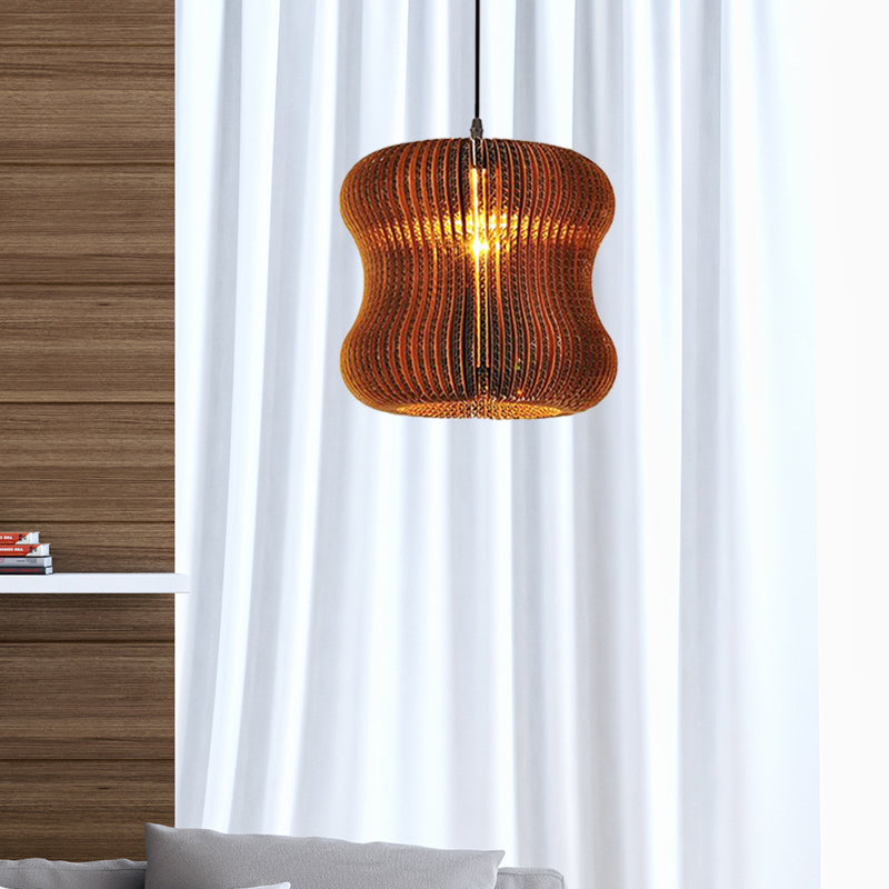 1 Bulb Ceiling Fixture with Cylinder Shade Corrugated Paper Asian Stylish Dining Room Pendant Lighting in Brown Brown Gourd Clearhalo 'Ceiling Lights' 'Modern Pendants' 'Modern' 'Pendant Lights' 'Pendants' Lighting' 456643