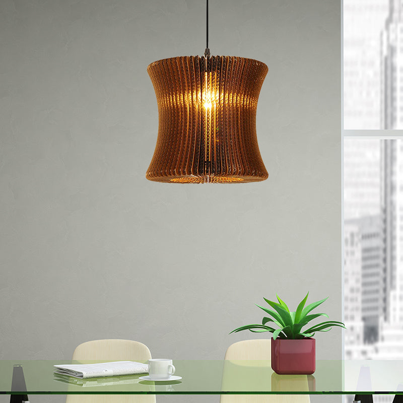 1 Bulb Ceiling Fixture with Cylinder Shade Corrugated Paper Asian Stylish Dining Room Pendant Lighting in Brown Brown Cylinder Clearhalo 'Ceiling Lights' 'Modern Pendants' 'Modern' 'Pendant Lights' 'Pendants' Lighting' 456644