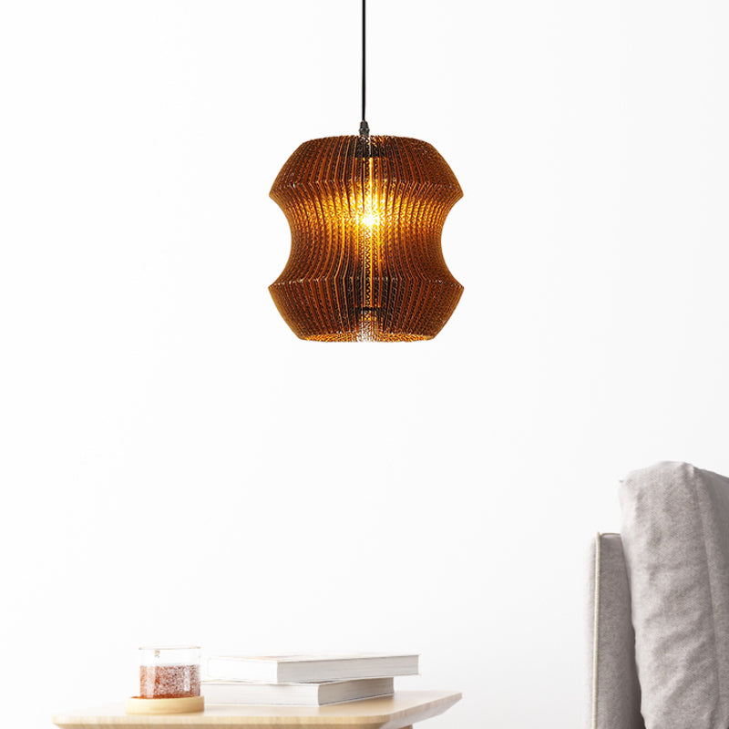 1 Bulb Ceiling Fixture with Cylinder Shade Corrugated Paper Asian Stylish Dining Room Pendant Lighting in Brown Brown Curved Clearhalo 'Ceiling Lights' 'Modern Pendants' 'Modern' 'Pendant Lights' 'Pendants' Lighting' 456645