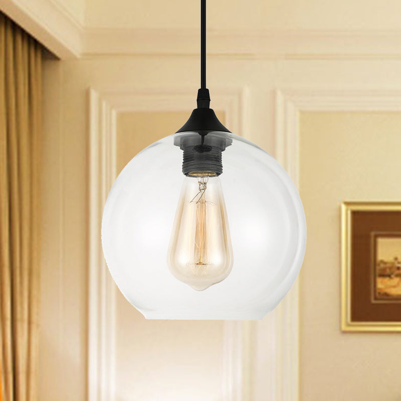 8"/10"/12" Wide Globe Pendant Light Industrial 1 Light Grey/Clear Glass Hanging Lamp in Black Clearhalo 'Ceiling Lights' 'Glass shade' 'Glass' 'Industrial Pendants' 'Industrial' 'Middle Century Pendants' 'Pendant Lights' 'Pendants' 'Tiffany' Lighting' 456659