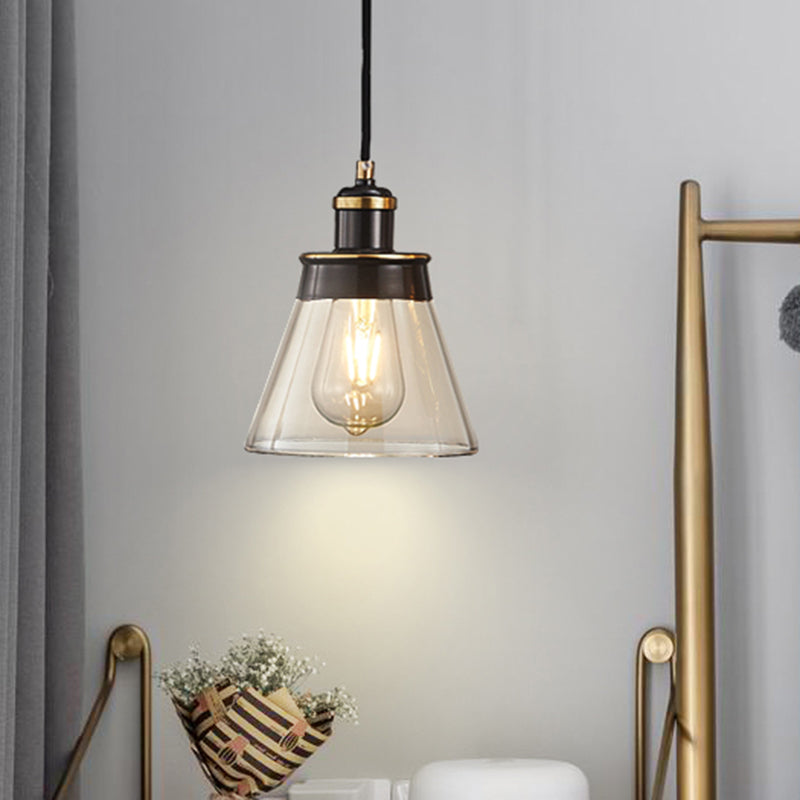 Brass 1 Light Pendant Lighting Industrial Clear/Amber/Smoked Glass Cone Hanging Lamp for Indoor Amber Clearhalo 'Ceiling Lights' 'Glass shade' 'Glass' 'Industrial Pendants' 'Industrial' 'Island Lights' 'Middle Century Pendants' 'Pendant Lights' 'Pendants' 'Tiffany' Lighting' 456678