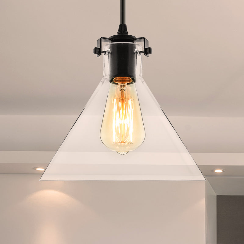 1 Light Cone Pendant Lighting Industrial Black Clear Glass Hanging Light Fixture for Living Room Clearhalo 'Ceiling Lights' 'Glass shade' 'Glass' 'Industrial Pendants' 'Industrial' 'Middle Century Pendants' 'Pendant Lights' 'Pendants' 'Tiffany' Lighting' 456694