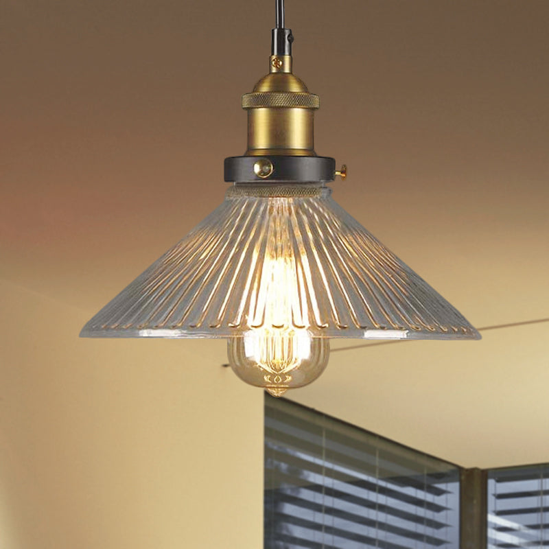 Single Light Hanging Ceiling Light with Cone Shade Ribbed Glass Industrial Dining Room Pendant Lighting in Black/Clear Clearhalo 'Ceiling Lights' 'Glass shade' 'Glass' 'Industrial Pendants' 'Industrial' 'Middle Century Pendants' 'Pendant Lights' 'Pendants' 'Tiffany' Lighting' 456695