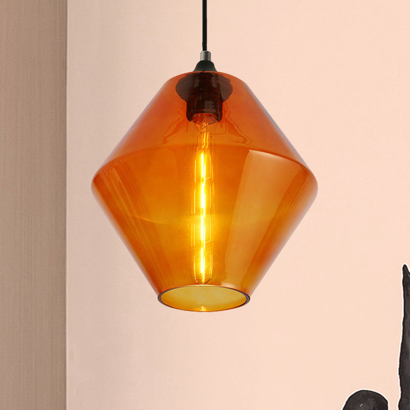 Single Light Diamond Shade Ceiling Pendant Light Vintage Black Orange/Blue/Green Glass Hanging Lamp Clearhalo 'Ceiling Lights' 'Close To Ceiling Lights' 'Glass shade' 'Glass' 'Industrial Pendants' 'Industrial' 'Middle Century Pendants' 'Pendant Lights' 'Pendants' 'Tiffany' Lighting' 456696