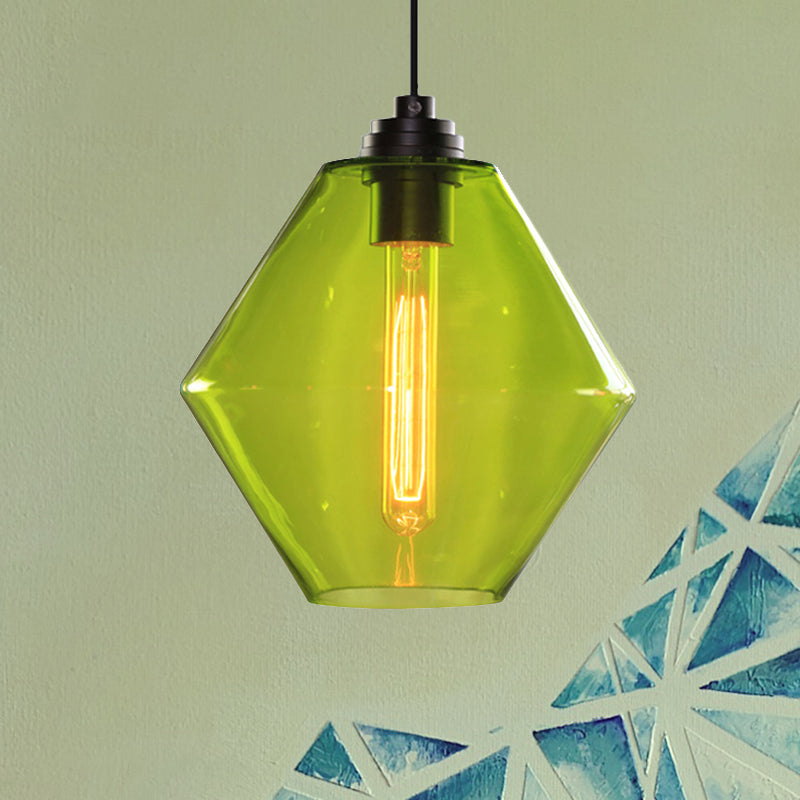 Single Light Diamond Shade Ceiling Pendant Light Vintage Black Orange/Blue/Green Glass Hanging Lamp Clearhalo 'Ceiling Lights' 'Close To Ceiling Lights' 'Glass shade' 'Glass' 'Industrial Pendants' 'Industrial' 'Middle Century Pendants' 'Pendant Lights' 'Pendants' 'Tiffany' Lighting' 456698