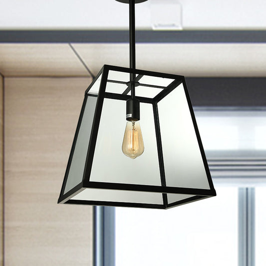 Industrial Trapezoid Pendant Lighting 1 Light Clear Glass Hanging Light Fixture in Black, 12" /14" Wide Clear Clearhalo 'Ceiling Lights' 'Glass shade' 'Glass' 'Industrial Pendants' 'Industrial' 'Middle Century Pendants' 'Pendant Lights' 'Pendants' 'Tiffany' Lighting' 456704