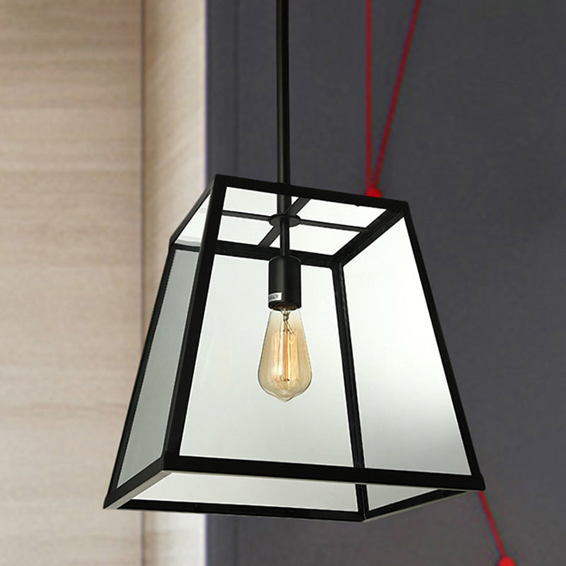 Industrial Trapezoid Pendant Lighting 1 Light Clear Glass Hanging Light Fixture in Black, 12" /14" Wide Clearhalo 'Ceiling Lights' 'Glass shade' 'Glass' 'Industrial Pendants' 'Industrial' 'Middle Century Pendants' 'Pendant Lights' 'Pendants' 'Tiffany' Lighting' 456705