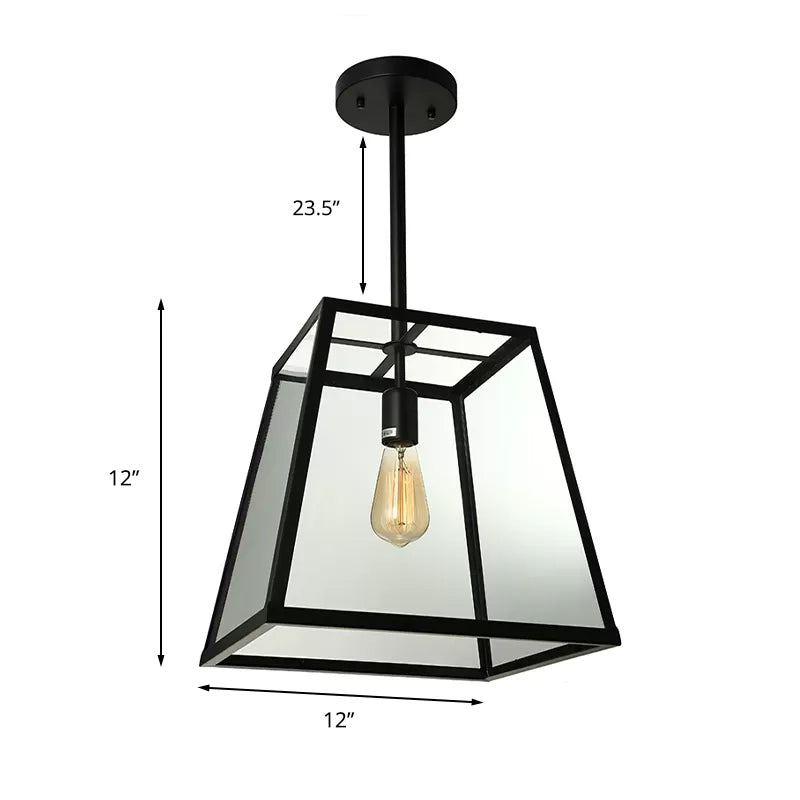 Industrial Trapezoid Pendant Lighting 1 Light Clear Glass Hanging Light Fixture in Black, 12" /14" Wide Clearhalo 'Ceiling Lights' 'Glass shade' 'Glass' 'Industrial Pendants' 'Industrial' 'Middle Century Pendants' 'Pendant Lights' 'Pendants' 'Tiffany' Lighting' 456706