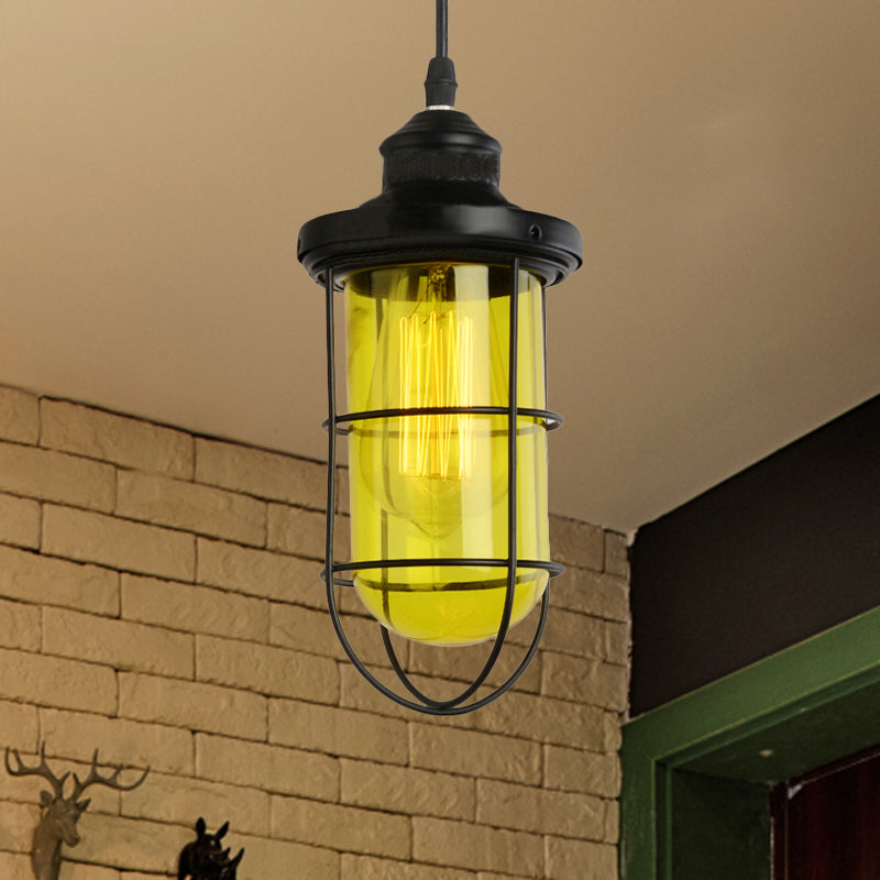 Black Single-Bulb Pendant Lighting Fixture Vintage Yellow/Green/Clear Glass Caged Hanging Ceiling Light for Living Room Yellow Clearhalo 'Ceiling Lights' 'Glass shade' 'Glass' 'Industrial Pendants' 'Industrial' 'Middle Century Pendants' 'Pendant Lights' 'Pendants' 'Tiffany' Lighting' 456715