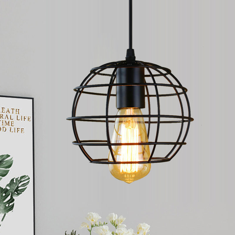 Metal Cage Pendant Light Farmhouse Style 6"/7" Wide 1 Head Balcony Ceiling Fixture with Globe Shade in Black Clearhalo 'Art Deco Pendants' 'Black' 'Cast Iron' 'Ceiling Lights' 'Ceramic' 'Crystal' 'Industrial Pendants' 'Industrial' 'Metal' 'Middle Century Pendants' 'Pendant Lights' 'Pendants' 'Rustic Pendants' 'Tiffany' Lighting' 456742