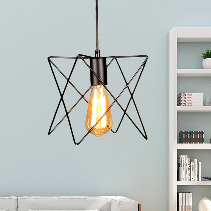 Metal Geometric Ceiling Lighting Industrial 7"/10" W 1 Light Living Room Hanging Lamp with Open Cage Shade in Black Clearhalo 'Art Deco Pendants' 'Black' 'Cast Iron' 'Ceiling Lights' 'Ceramic' 'Crystal' 'Industrial Pendants' 'Industrial' 'Metal' 'Middle Century Pendants' 'Pendant Lights' 'Pendants' 'Rustic Pendants' 'Tiffany' Lighting' 456751