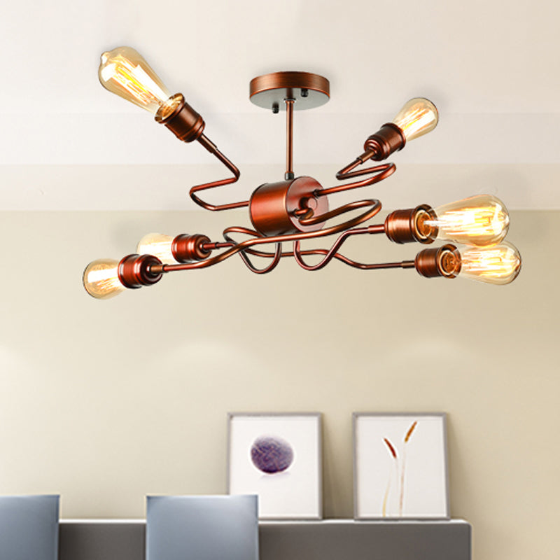 Twisted Arm Iron Ceiling Light Farmhouse Style 6 Lights Living Room Semi Flush Mount Lighting in Copper Clearhalo 'Ceiling Lights' 'Close To Ceiling Lights' 'Close to ceiling' 'Semi-flushmount' Lighting' 456769