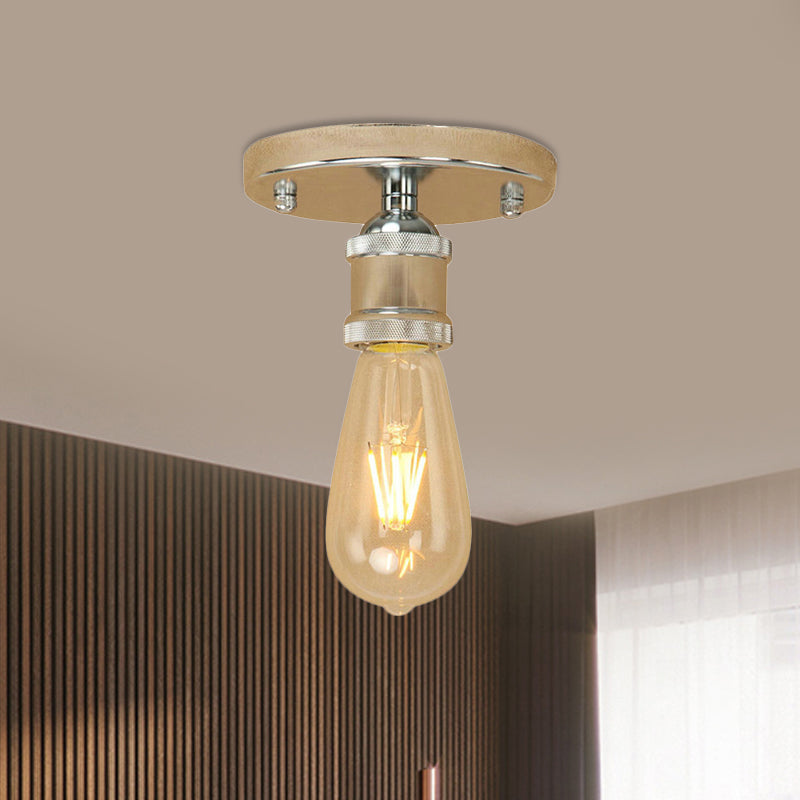 Black/Brass Finish Expose Bulb Ceiling Lighting Retro Industrial Metal 1 Light Balcony Semi Flush Mount Light Clearhalo 'Ceiling Lights' 'Close To Ceiling Lights' 'Close to ceiling' 'Semi-flushmount' Lighting' 456783