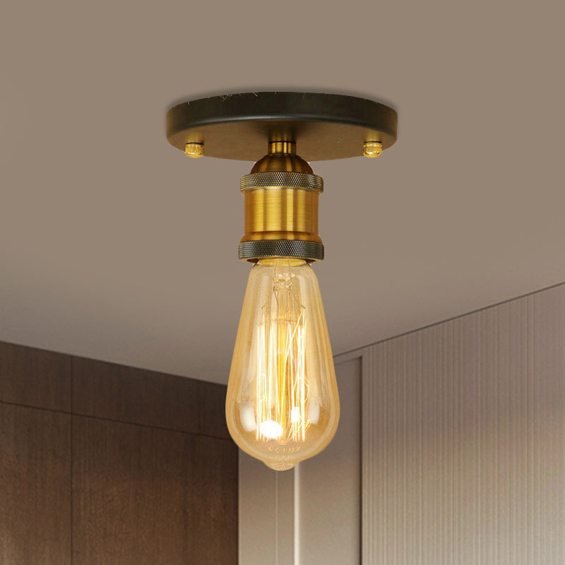 Black/Brass Finish Expose Bulb Ceiling Lighting Retro Industrial Metal 1 Light Balcony Semi Flush Mount Light Clearhalo 'Ceiling Lights' 'Close To Ceiling Lights' 'Close to ceiling' 'Semi-flushmount' Lighting' 456784