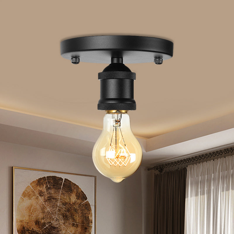 Black/Brass Finish Expose Bulb Ceiling Lighting Retro Industrial Metal 1 Light Balcony Semi Flush Mount Light Clearhalo 'Ceiling Lights' 'Close To Ceiling Lights' 'Close to ceiling' 'Semi-flushmount' Lighting' 456787