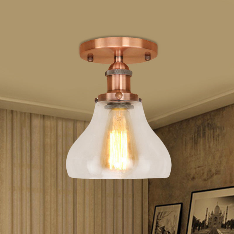 Single Bulb Semi Flush Mount Farmhouse Cone Clear Glass Ceiling Lighting Fixture in Black/Brass/Copper Copper Clearhalo 'Ceiling Lights' 'Close To Ceiling Lights' 'Close to ceiling' 'Glass shade' 'Glass' 'Semi-flushmount' Lighting' 456791