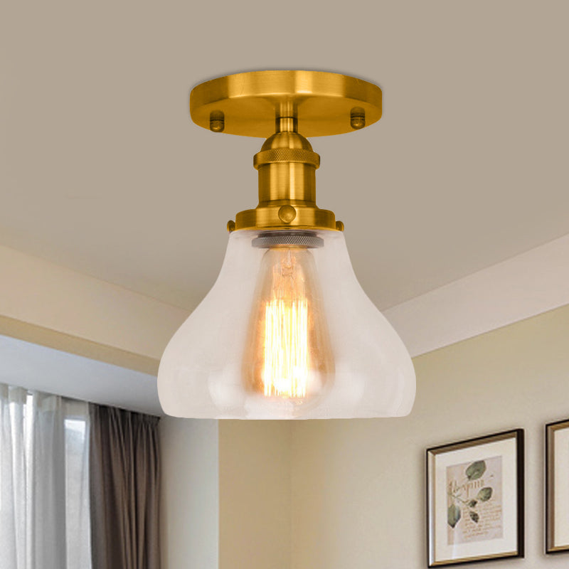 Single Bulb Semi Flush Mount Farmhouse Cone Clear Glass Ceiling Lighting Fixture in Black/Brass/Copper Brass Clearhalo 'Ceiling Lights' 'Close To Ceiling Lights' 'Close to ceiling' 'Glass shade' 'Glass' 'Semi-flushmount' Lighting' 456792