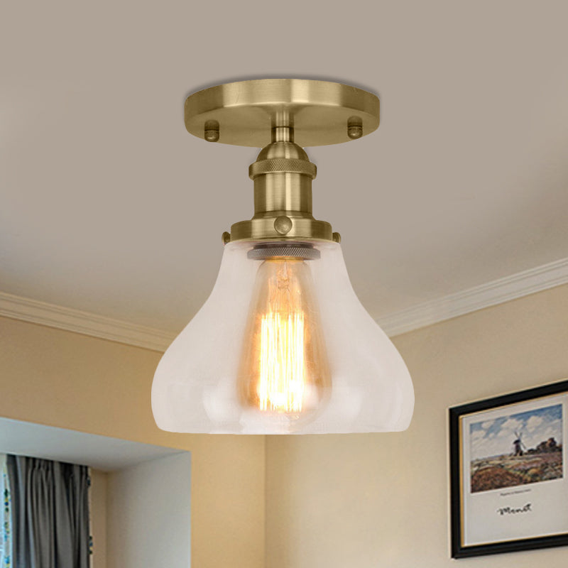 Single Bulb Semi Flush Mount Farmhouse Cone Clear Glass Ceiling Lighting Fixture in Black/Brass/Copper Antique Brass Clearhalo 'Ceiling Lights' 'Close To Ceiling Lights' 'Close to ceiling' 'Glass shade' 'Glass' 'Semi-flushmount' Lighting' 456793