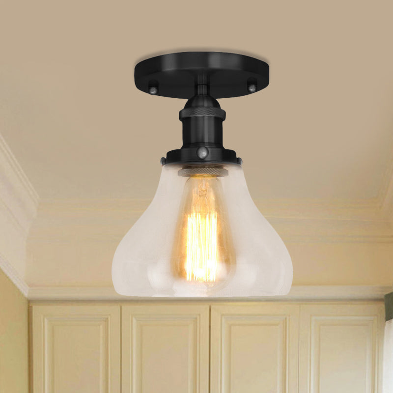 Single Bulb Semi Flush Mount Farmhouse Cone Clear Glass Ceiling Lighting Fixture in Black/Brass/Copper Black Clearhalo 'Ceiling Lights' 'Close To Ceiling Lights' 'Close to ceiling' 'Glass shade' 'Glass' 'Semi-flushmount' Lighting' 456794