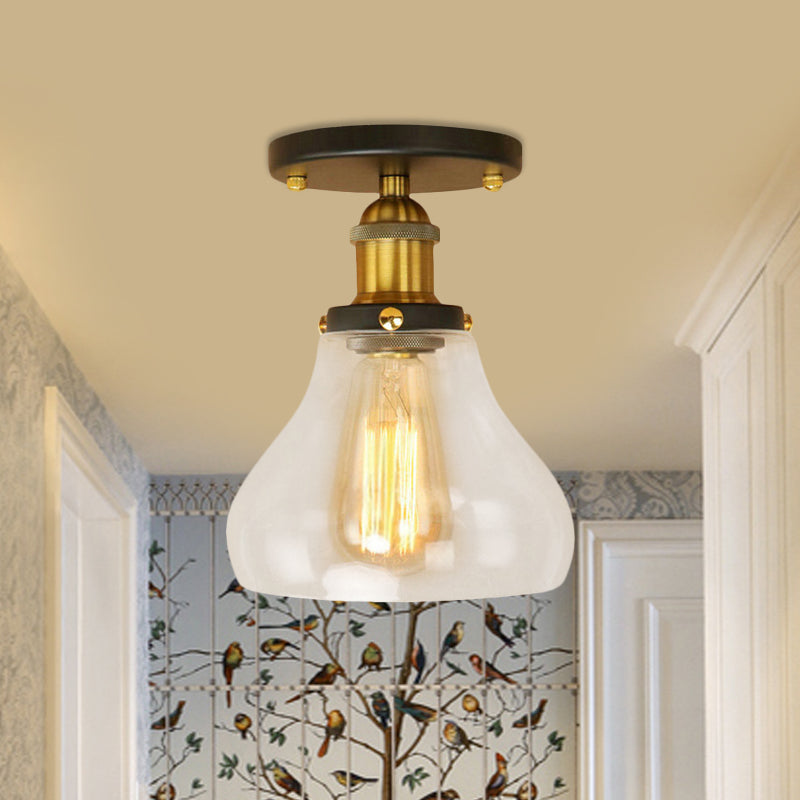 Single Bulb Semi Flush Mount Farmhouse Cone Clear Glass Ceiling Lighting Fixture in Black/Brass/Copper Satin Brass Clearhalo 'Ceiling Lights' 'Close To Ceiling Lights' 'Close to ceiling' 'Glass shade' 'Glass' 'Semi-flushmount' Lighting' 456795