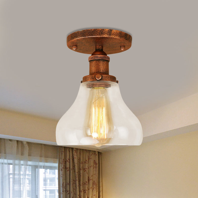 Single Bulb Semi Flush Mount Farmhouse Cone Clear Glass Ceiling Lighting Fixture in Black/Brass/Copper Rust Clearhalo 'Ceiling Lights' 'Close To Ceiling Lights' 'Close to ceiling' 'Glass shade' 'Glass' 'Semi-flushmount' Lighting' 456796