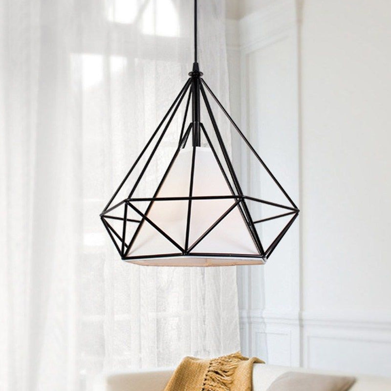 10/15/18" W 1 Bulb Diamond Cage Hanging Light Antique Style White/White and Brown Metal Ceiling Fixture with Fabric Shade Clearhalo 'Art Deco Pendants' 'Cast Iron' 'Ceiling Lights' 'Ceramic' 'Crystal' 'Industrial Pendants' 'Industrial' 'Metal' 'Middle Century Pendants' 'Pendant Lights' 'Pendants' 'Tiffany' Lighting' 456797