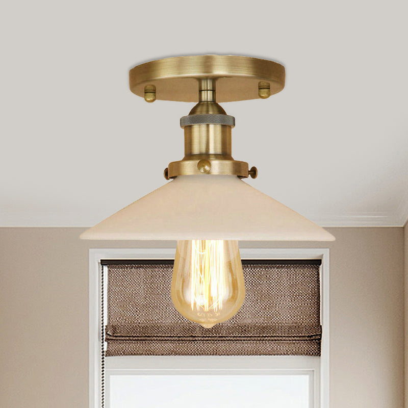 Metal Conical Semi-Flush Mount Light Vintage Style 1 Light Dining Table Ceiling Light Fixture in Bronze/Brass Finish Clearhalo 'Ceiling Lights' 'Close To Ceiling Lights' 'Close to ceiling' 'Flush mount' 'Industrial Flush Mount' Lighting' 456817