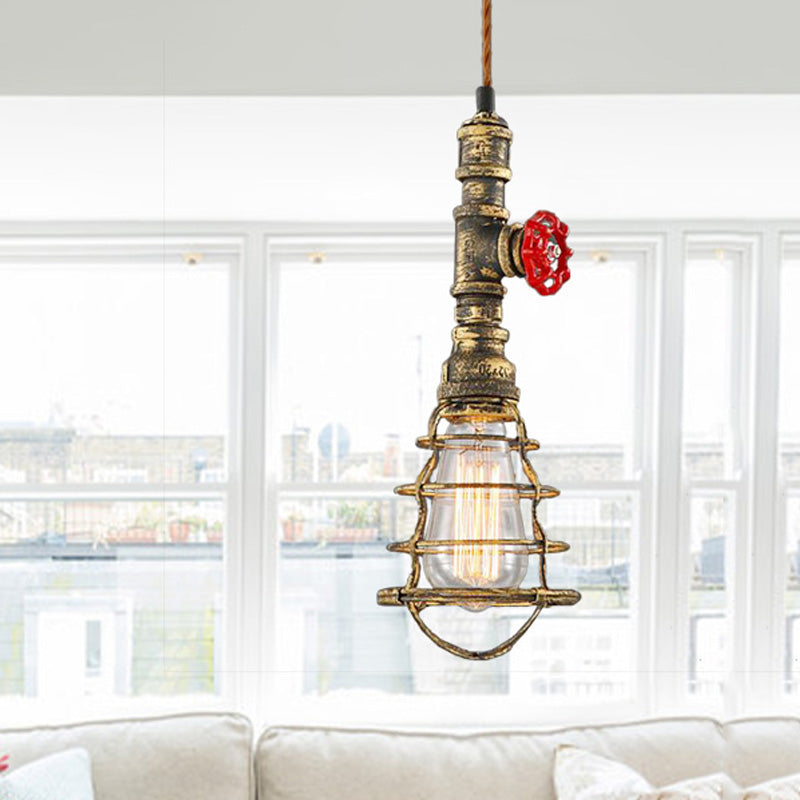 Metal Wire Cage Pendant Light Farmhouse Style 1 Light Indoor Hanging Fixture with Valve Design in Black/Red Finish Brass Clearhalo 'Art Deco Pendants' 'Black' 'Cast Iron' 'Ceiling Lights' 'Ceramic' 'Crystal' 'Industrial Pendants' 'Industrial' 'Metal' 'Middle Century Pendants' 'Pendant Lights' 'Pendants' 'Rustic Pendants' 'Tiffany' Lighting' 456823