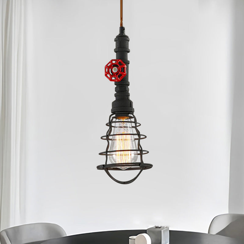 Metal Wire Cage Pendant Light Farmhouse Style 1 Light Indoor Hanging Fixture with Valve Design in Black/Red Finish Clearhalo 'Art Deco Pendants' 'Black' 'Cast Iron' 'Ceiling Lights' 'Ceramic' 'Crystal' 'Industrial Pendants' 'Industrial' 'Metal' 'Middle Century Pendants' 'Pendant Lights' 'Pendants' 'Rustic Pendants' 'Tiffany' Lighting' 456824