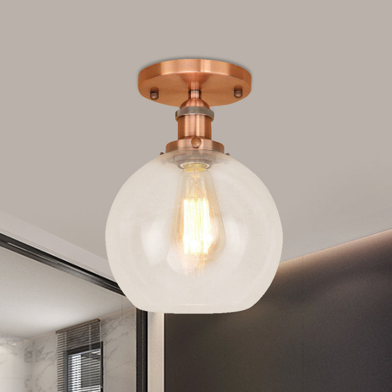 Spherical Balcony Semi Flush Industrial Clear Glass One Light Black/Brass/Copper Ceiling Light Fixture Copper Clearhalo 'Ceiling Lights' 'Close To Ceiling Lights' 'Close to ceiling' 'Glass shade' 'Glass' 'Semi-flushmount' Lighting' 460005