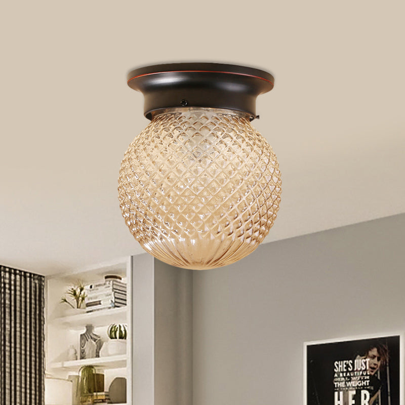 One Light Globe Flush Mount Black/Clear Industrial Ribbed/Opal/Prismatic Glass Lighting Fixture, 6"/6.5" Wide Clearhalo 'Ceiling Lights' 'Close To Ceiling Lights' 'Close to ceiling' 'Flush mount' 'Industrial Flush Mount' Lighting' 460013