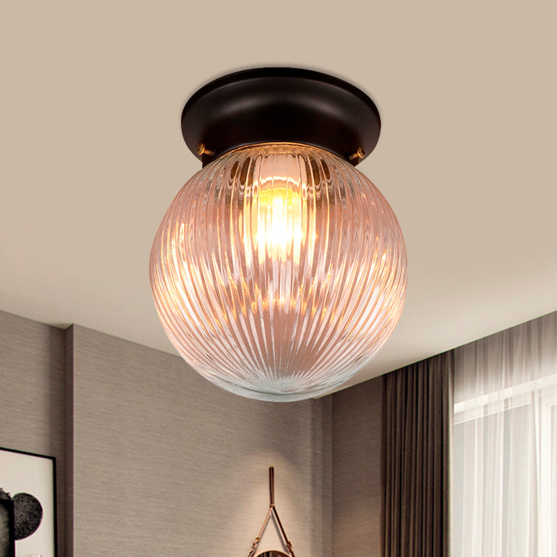One Light Globe Flush Mount Black/Clear Industrial Ribbed/Opal/Prismatic Glass Lighting Fixture, 6"/6.5" Wide Clearhalo 'Ceiling Lights' 'Close To Ceiling Lights' 'Close to ceiling' 'Flush mount' 'Industrial Flush Mount' Lighting' 460014