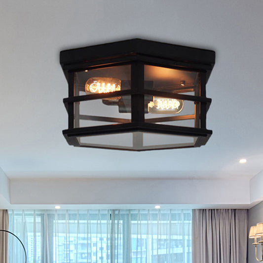 2/4 Bulbs Ceiling Light Industrial Square/Hexagon Cage Glass Flush Mount Lighting in Clear/Black Clearhalo 'Ceiling Lights' 'Close To Ceiling Lights' 'Close to ceiling' 'Flush mount' 'Industrial Flush Mount' Lighting' 460018