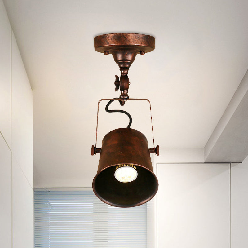 Bucket Shade Living Room Ceiling Lamp Antique Style Metal 1 Bulb Black/Rust Rotatable Semi Flush Pendant Light Rust Clearhalo 'Ceiling Lights' 'Close To Ceiling Lights' 'Close to ceiling' 'Semi-flushmount' Lighting' 460028