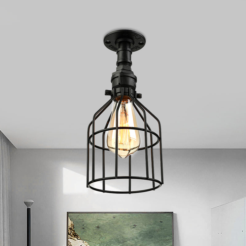 1 Bulb Cage Shade Semi-Flush Mount Light Black Finish Metallic Ceiling Mounted Lamp for Living Room Clearhalo 'Ceiling Lights' 'Close To Ceiling Lights' 'Close to ceiling' 'Semi-flushmount' Lighting' 460047