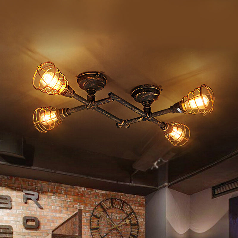 Brass Wire Cage Semi-Flush Light Vintage Industrial Iron 4/6/8 Heads Living Room Ceiling Lighting with Pipe Clearhalo 'Ceiling Lights' 'Close To Ceiling Lights' 'Close to ceiling' 'Semi-flushmount' Lighting' 460049