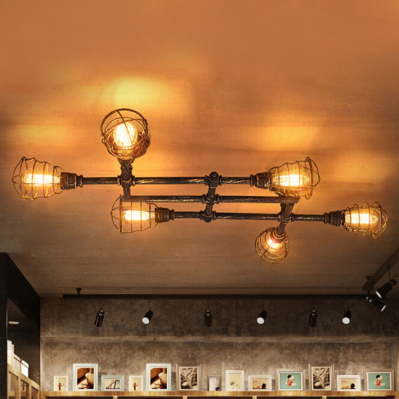 Brass Wire Cage Semi-Flush Light Vintage Industrial Iron 4/6/8 Heads Living Room Ceiling Lighting with Pipe 6 Brass Clearhalo 'Ceiling Lights' 'Close To Ceiling Lights' 'Close to ceiling' 'Semi-flushmount' Lighting' 460050